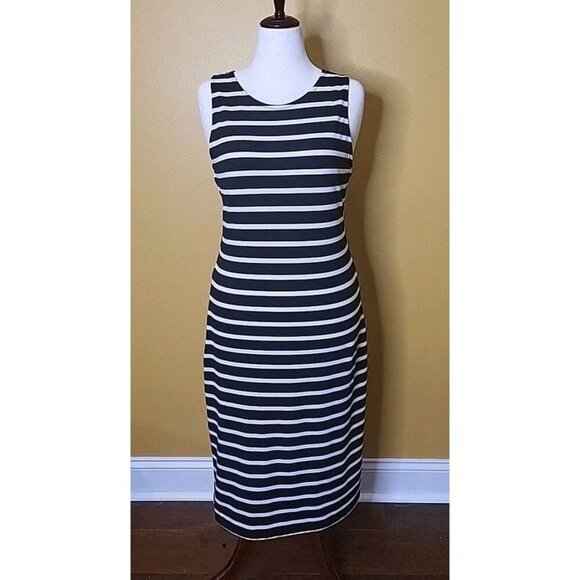 A New Day Womens Black White Striped Sleeveless Tank Dress Large Racerback Beach - Picture 1 of 9